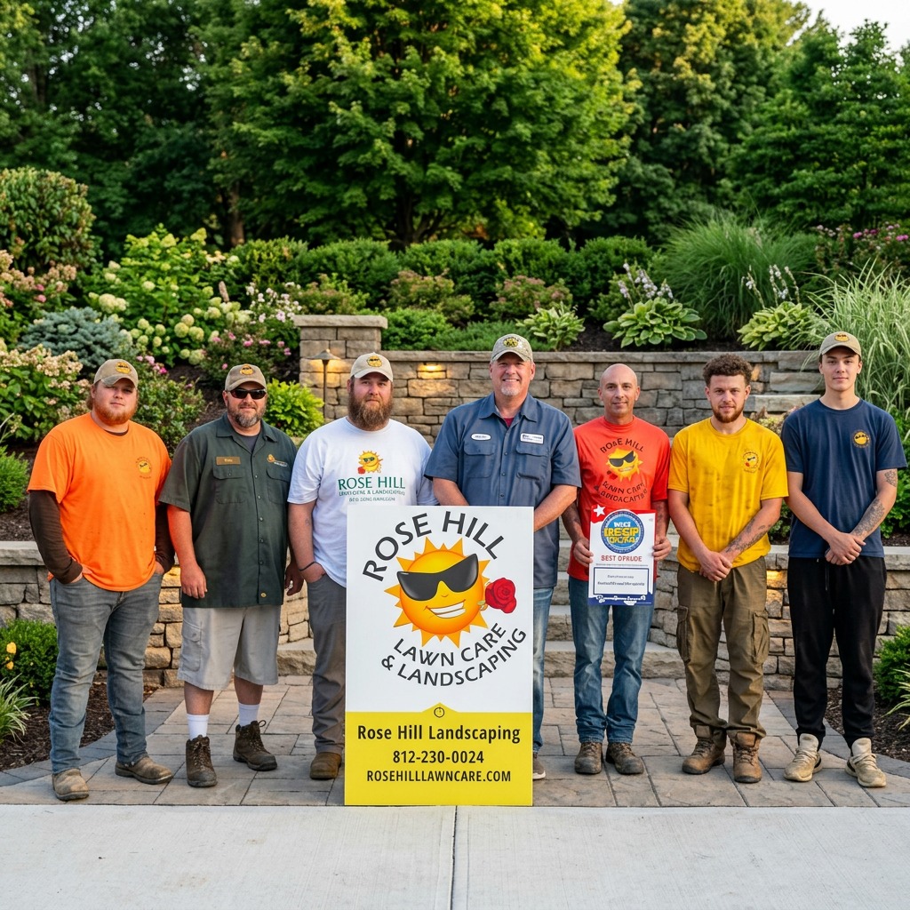 Cary Albin and the Rose Hill Landscaping crew with their Tribune-Star Readers' Choice award in Terre Haute